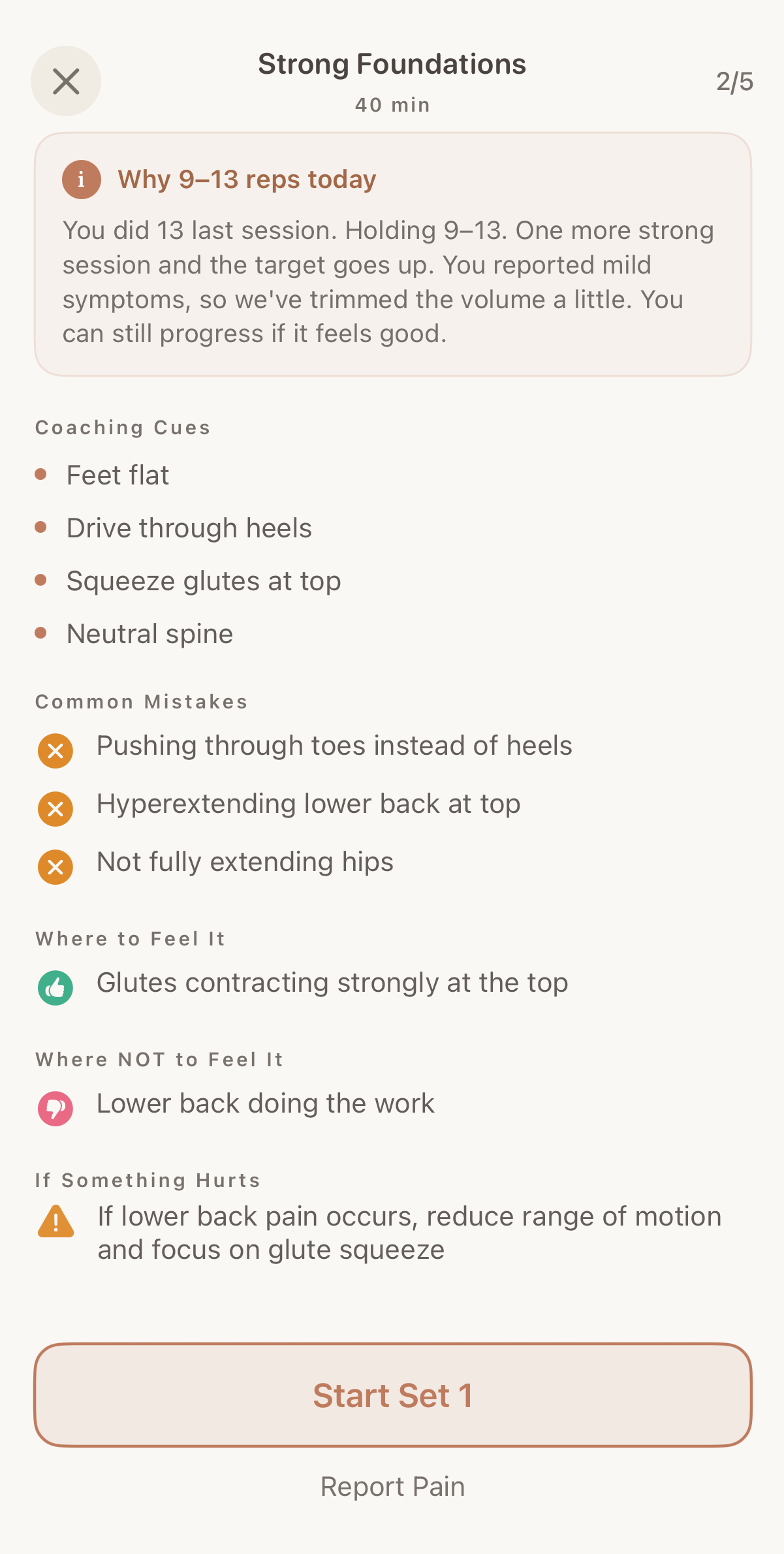 An exercise screen explaining why today's target is 9 to 13 reps, with coaching cues, common mistakes, and what to do if something hurts.