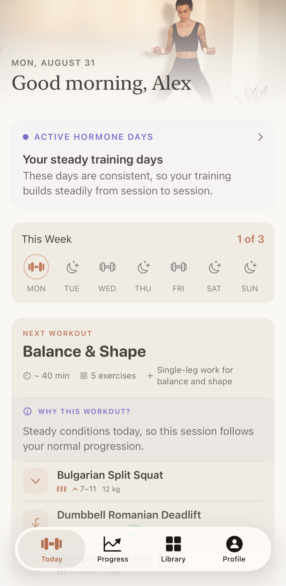 The Tomera home screen for a user on hormonal contraception, showing active hormone days and a session following normal progression, with no cycle phase or day count.