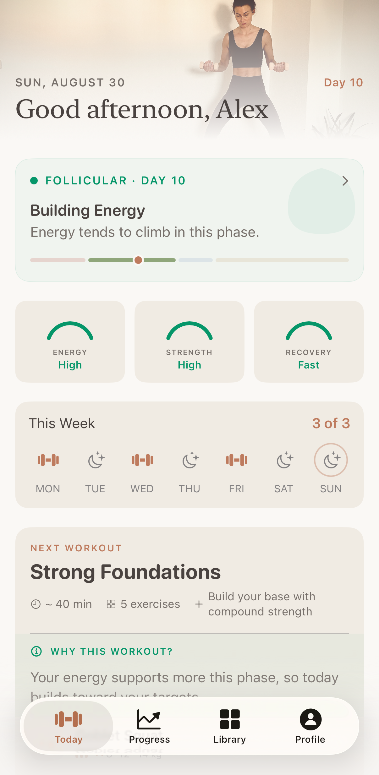 The Tomera home screen on day 10, showing the follicular phase, high energy, and a full session planned.