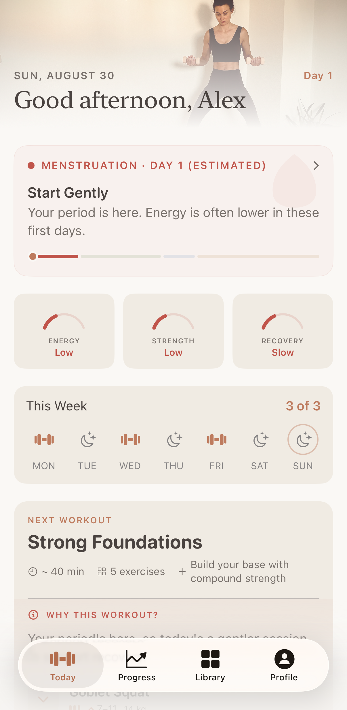 The Tomera home screen on day 1, showing menstruation, lower energy, and a gentler session planned.